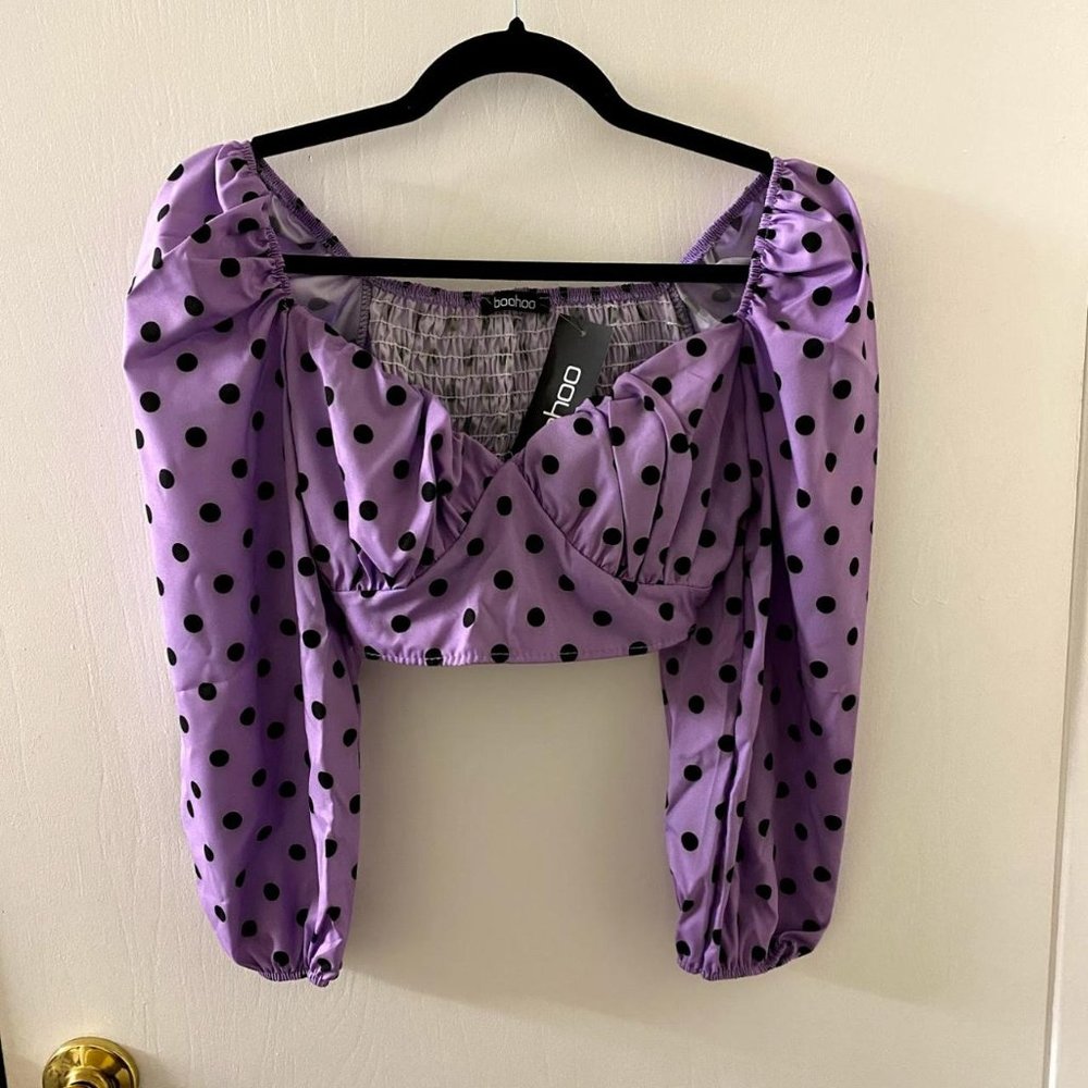 NWT Boohoo Purple Polka-Dot Crop Top (Size 0)